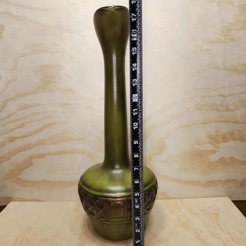 Vintage MCM Green Brown Bronze Ceramic Long Neck Pitcher Vase Pottery - Picture 6 of 11